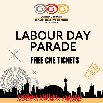 A graphic showing the Toronto skyline with a crowd of people marching towards a Ferris wheel and roller coaster, representing the CNE.